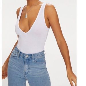 Basic White Jersey Plunge Neck Thong Bodysuit